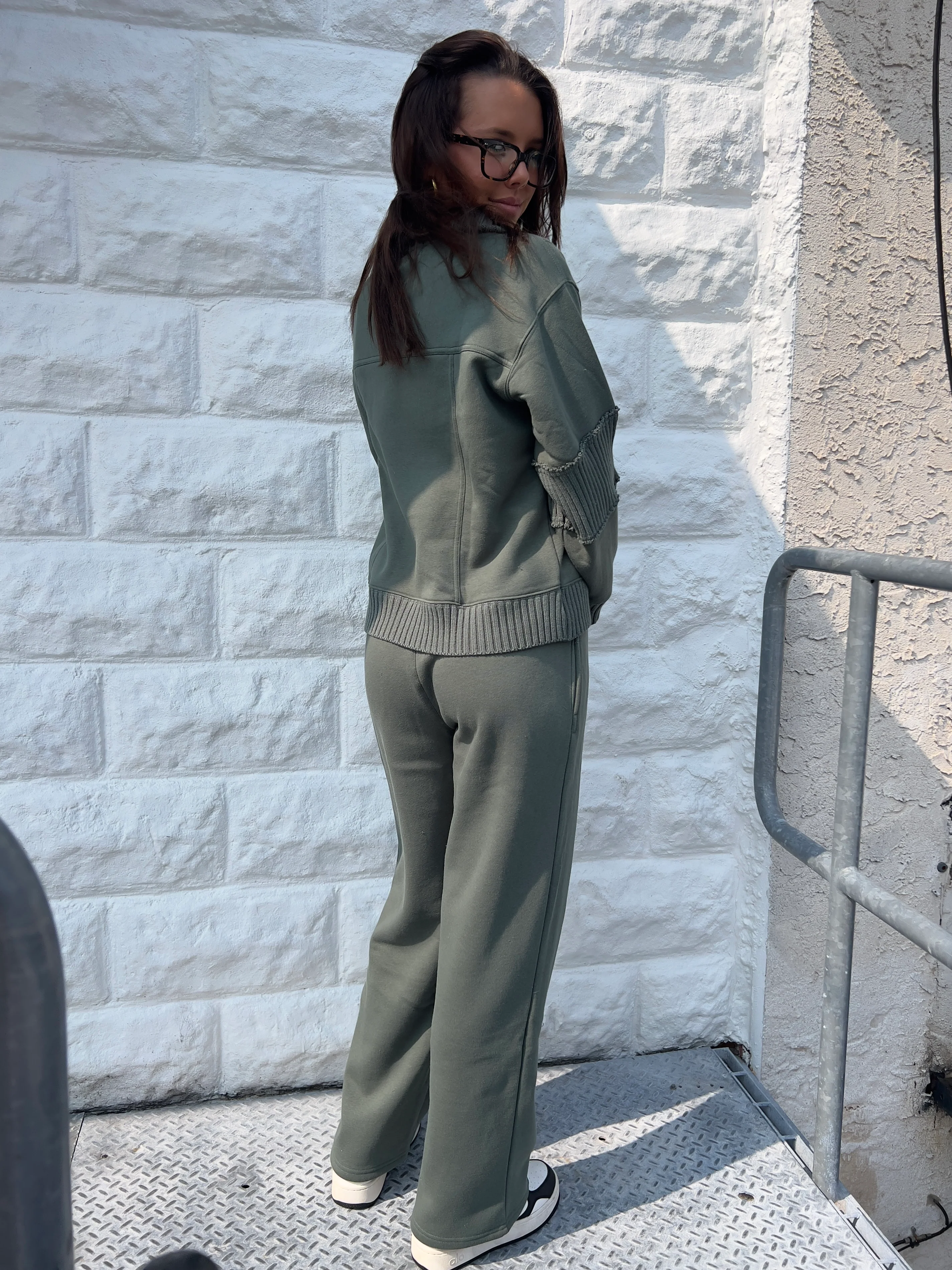 Olive Fleece Pant with Rib Waistband - Image 3